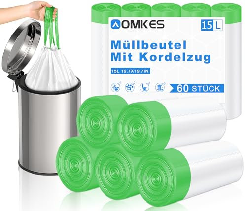 AOMKES Müllbeutel 15l mit Zugband Weiß Müllsäcke 60 Stück Mülltüten Kordelzug Abfallsäcke
