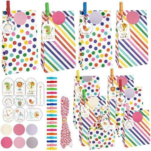 geschenktüte kinder partytüten kindergeburtstag Papiertüten, 20 Stück Bunte Geschenktüten mit Aufkleber, Schild, Clip und Lanyard zum Verpacken Geburtstagstüten Kinder Candy Tüten zum Verpacken