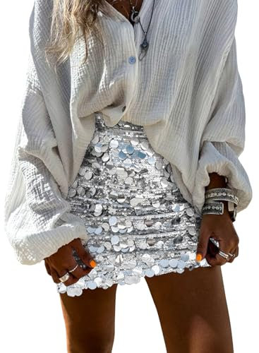 miduo Womens 2026 Fashion Sequin Skirt High Waist Stretchy Bodycon Sparkle Night Out Party Mini Skirts Silver L