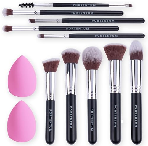 PORTENTUM Makeup Kit - 12Pcs Premium Synthetic Kabuki Foundation Face Powder Concealers Eyeshadow Blush Brushes Set