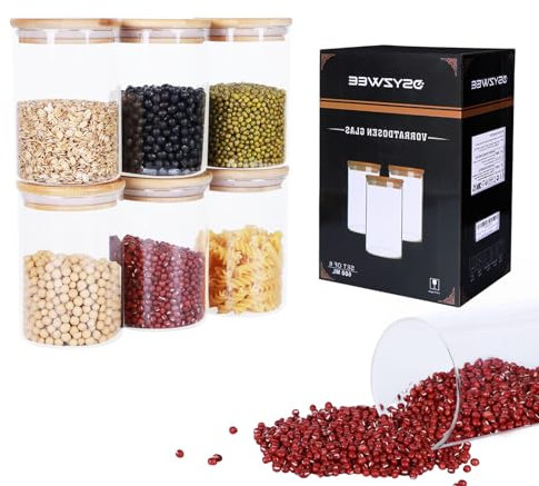 DSYZWEE 600ML Glass Storage Jars with Lids Set of 6 - High Borosilicate Glass Airtight Kitchen Food Canisters Cylinder Clear Preserving Seal Containers for Canning Cereal,Pasta,Spices