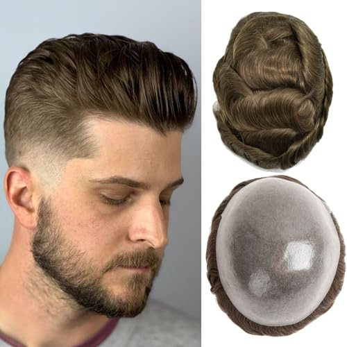 Ehairc Toupet für Männer 0,04 Dünne Haut Doppelte Knoten 100% Echthaar System für Männer Perücken Herren Toupet Langlebiges Herren Toupet Echthaar Basisgröße 8x10 Zoll 120% Dichte（6#）
