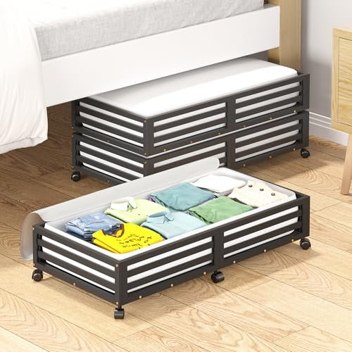 WISUCART Bambus-Unterbett-Aufbewahrungsbehälter, Unterbett-Organizer mit Rollen mit großem Fassungsvermögen, Staubbeutel, stabiles Holz, Roll-Unterbett-Schuh-Organizer, 2 Packungen (schwarz, 2