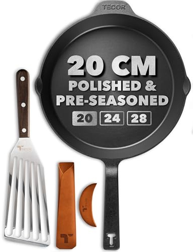 TECOR stekpanna av gjutjärn för induktionsanvändning 20 cm polerad, universal, naturlig - Hållbar Gjutjärn stekpanna - Non-stick gjutjärnspanna 20cm helt enkelt högsta kvalitet - Cast iron pan