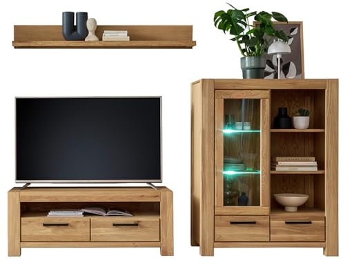 Lomadox Wohnwand Wohnmöbel Set Eiche teilmassiv geölt 3-teilig, 1 Wandboard, 1 Lowboard, 1 Highboard, inkl. LED-Beleuchtung | Echtholz/Massivholz/Furnier