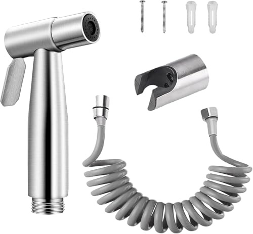Bidet Stainless Steel Hand Shower, Handheld Shower Set,Adjustable Spray, Easy to Install,Stainless Steel Pipe and Hook Toilet or Wall Mounted Bidet Attachment