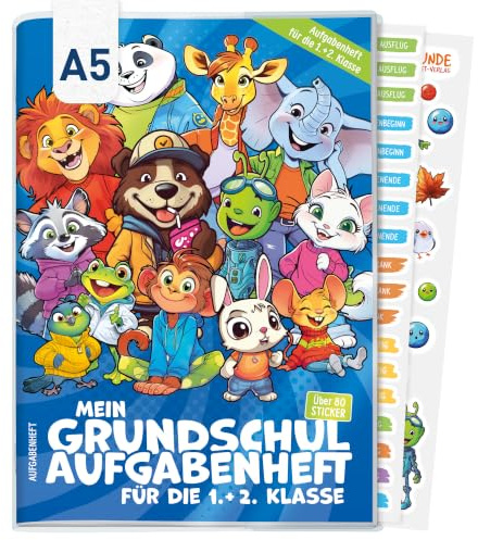 Häfft® Lernfreunde Hausaufgabenheft Grundschule A5 1 + 2 Klasse ohne Datum (Rasselbande) | inkl. Schutzhülle, Sticker, Stundenplan, Mitteilungsfelder - extra große Schrift & Zeilen Fußball