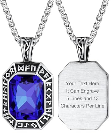 ChainsHouse Herren Damen Rune Kette mit Gravur Wikinger Rune Anhänger | Edelstahl Halskette mit Onyx/Rubin/Smaragd/Saphir Stein, Schutz Amulett Schmuck, Geschenk für Geburtstag Jahrestag