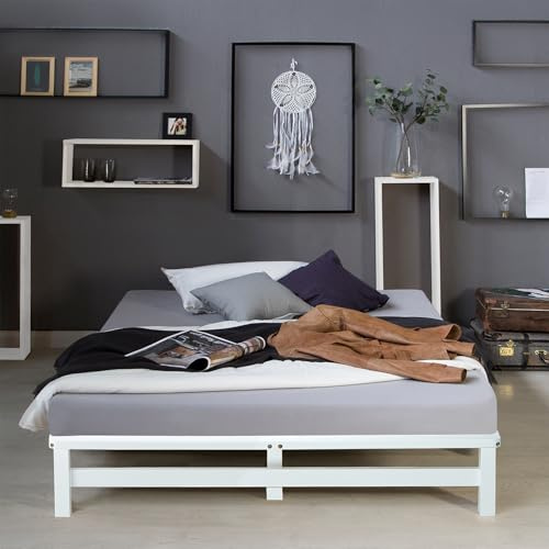 Homestyle4u Lit double en bois de pin massif, blanc, 140 x 200 cm, avec matelas, sommier à lattes, lit en palettes