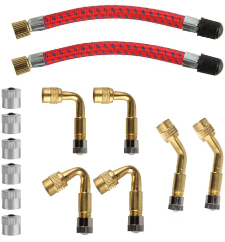 14 Set Tire Valve Extension Adapter Set: 6 x 45 Degree/90 Degree/180 DegreeBrass Valve Stem Extenders, 2 x 10cm Tyre Valve Extension Adapter, 6 Metal Caps, for Car Motorcycle Bike Trucks Scooter
