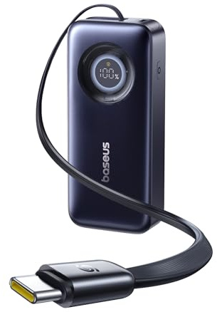 Baseus EnerCore Power Bank 20000 mAh con 70cm Cable USB-C Integrado retráctiles, 67W de Potencia Máxima, Compatible con iPhone 16/15 Series, MacBook, Galaxy, iPad, AirPods y más