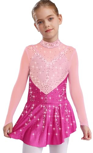 Miaeowve Kürkleider Rollkunstlauf Kinder Mödchen Strass Glitzer Eiskunstlauf Kleid Langarm Ballettkleid Stehkragen Mesh Patchwork Tanzkleid Dancewear