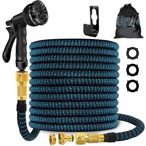 Flexible Expandable Garden Hose 30m 100ft with 8 Function Spray Nozzle, 3X Durable Expanding Water Hose with 3/4 1/2 Anti-Leak Brass Connectors for Gardening, Lawn, Car Washing & Patio Use