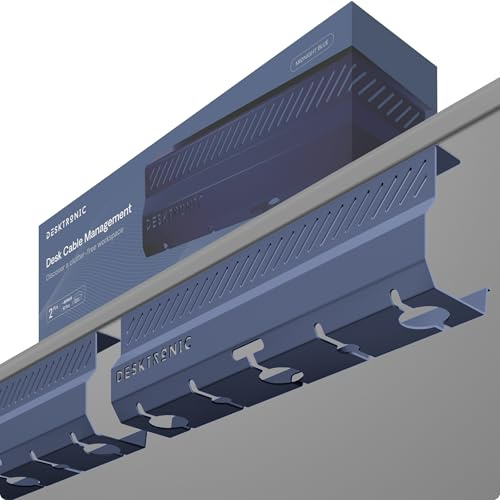 Desktronic Lot de 2 goulottes de câbles de Bureau en Acier Inoxydable avec 5 découpes de câbles - Organisateur de câbles Facile à Installer - Support de câbles - Bleu foncé