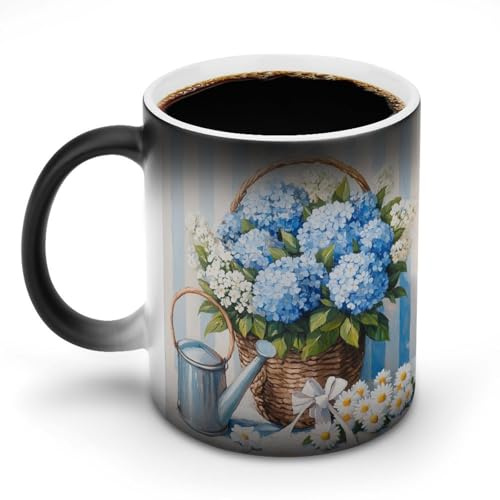 KWQDOZF Bouquet of Blue Hydrangeas Color Changing Mugs Heat Changing Ceramic Coffee Mug Novelty Tea Cup Funny Water Cup for Home Office 11OZ