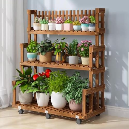 Support pour plantes en bois réglable en hauteur – Étagère échelle à fleurs à 3 niveaux avec 6 roues pour une utilisation en intérieur/extérieur, parfait pour les plantes en pot et le jardin (105 cm)