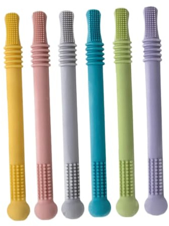 6 Pack Silicone Hollow Teething Straw Toys for Baby | Newborn Playthings, Elastic Design, Comfortable Grip, Supports Grasping Ability Random Color
