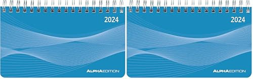 Querkalender Mini PP-Einband blau 2024 - Tisch-Kalender - Büro-Planer 15,6x9 cm - 1 Woche 2 Seiten - Ringbindung - Alpha Edition (Packung mit 2)