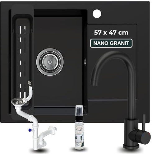 SINK QUALITY Granitspüle schwarz mit Armatur 58x47 - Spülbecken mit Siphon und Imprägniermittel - Küchenspüle schwarz mit Abtropffläche für 50er Unterschrank