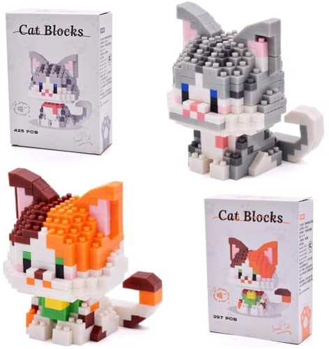Chat Blocs de Construction, 2PCS Chat Jeux de Construction Mini Figurine en Briques 3D Mini Blocs de Puzzle Micro Bloc de Constructions Figurines Modèle Building Block Set pour Cadeaux d'Anniversaire