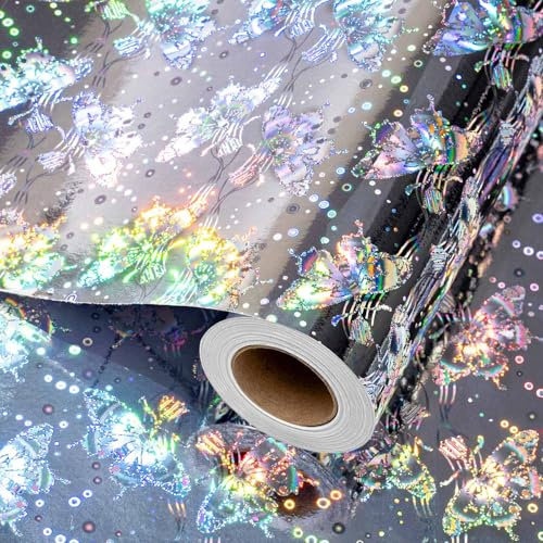 Wikadlik Silbernes holografisches Geschenkpapier, schönes Schmetterlings-Geschenkverpackungspapier für Geburtstag, Feiertag, Weihnachten, Brautparty, Jahrestag