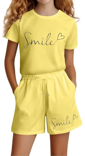 JokeLomple Set Estivo Casual a Maniche Corte per Bambine e Ragazze, Composto da t-Shirt, Top e Pantaloncini con Tasche. (Yellow, 7-8 Years) #178