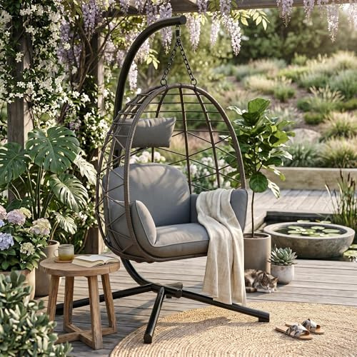 Fauteuil suspendu avec structure pour extérieur, charge jusqu'à 150 kg, fauteuil suspendu en rotin avec structure en métal, housse de protection résistante aux intempéries incluse, panier suspendu