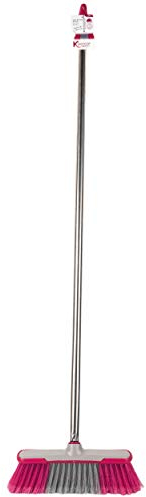Kleeneze KL062437EU Soft Bristle Broom - Removes Dirt & Dust, Scratch Free Bristles, Extra Long 1.2 M Handle, Stainless Steel, For Hard Floors, Kitchen/Bathroom Sweeping, Compact Head, Pink/Grey