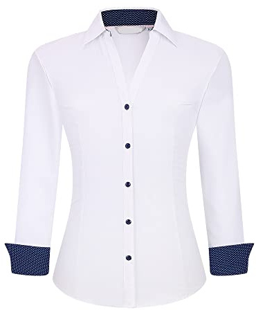 WARHORSEE Womens Button Down Shirt Long Sleeve Work Dress Shirts, V Neck Easy Care Stretchy Business Casual Blouses for Women(White,XL)