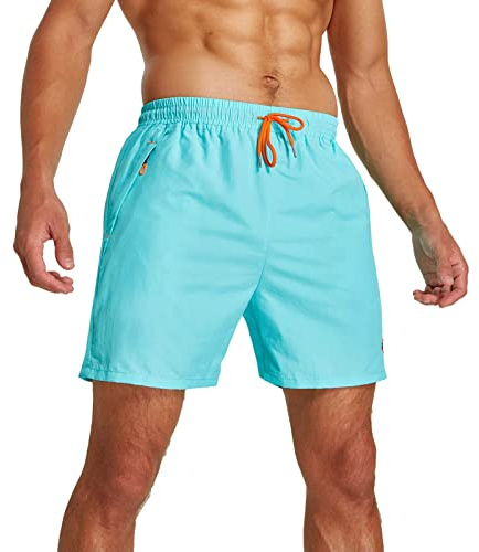 JustSun Bañador Hombre Bañadores Surferos Bañador Corto Hombre Natacion Traje de Baño Secado Rápido Impermeable con Bolsillo Cremallera Azul Claro L