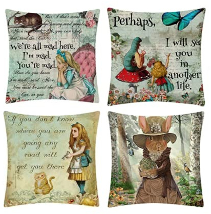 Morjakey Quadratische 4er-Pack Kissenbezüge für Alice im Wunderland，Retro-Kissenbezüge 18 x 18 Zoll, Leinen Anti-Falten, hypoallergen, Lendenkissenbezüge, für Garten, Auto, Bett, Café, Sofadekoration