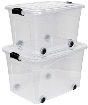 Kreher 2 Stück Rollboxen Set 60 und 100 Liter Volumen mit Deckel. In Transparenter Ausführung aus robustem Kunststoff.