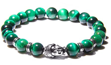 8 mm kungligt blå tigeröga armband män silverfärg Buddha huvud berlock armband kvinnor amulett Vinatge gul sten pärlor pulsera, grön 2,23 cm
