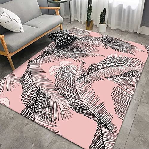 Teppich küchen läufer modern waschbar,Rosa, Schwarz, Grau, Federmuster, Leicht Zu Reinigender Teppich Teppich Flur läufer,Tisch Dekoration 120x160cm