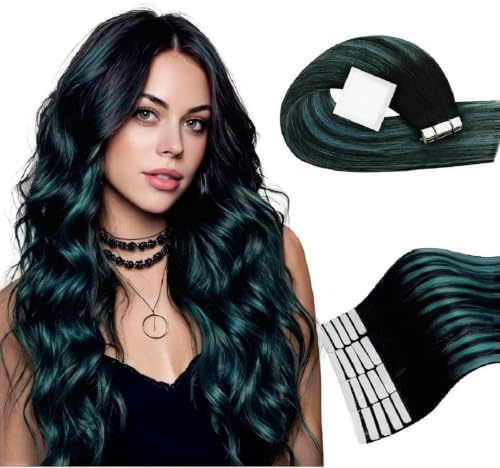 RUNATURE Tape Extensions Echthaar Schwarz Ombre Grün Tape in Echthaar Extensions 40cm Teal Balayage Echte Haare 20 Stück 50g #1b/Teal