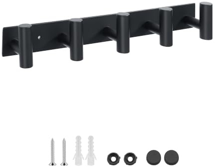 Mooche Garderobenleiste mit 5 Haken 36CM Kleiderhaken Edelstahl Schwarz | 304 Edelstahl Wandgarderoben für Schlafzimmer und Badezimmer,2 Befestigungsmöglichkeiten-Kleben oder Gebohrt Garderobenhaken