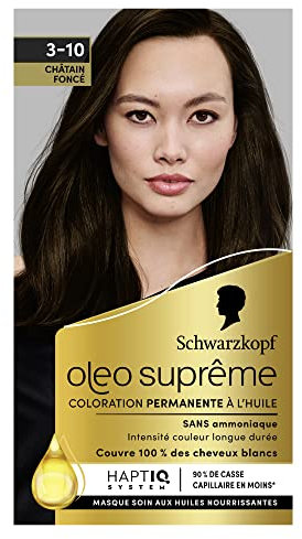 Schwarzkopf – Oleo Suprême – Coloration Permanente à l’Huile – Couleur et Eclat Longue Durée – sans Ammoniaque – Couvre 100% des Cheveux Blancs – HaptIQ Système – Châtain Foncé 3-10