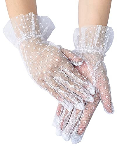 SHTGOI Damen Mesh-Tupfen Spitzenhandschuhe Kurz Sommer Sonnenschutzhandschuhe Netzhandschuhe Brauthandschuhe Handschuhe für Party Teeparty Abschlussball Hochzeit Brautkleid Zubehör Weiss