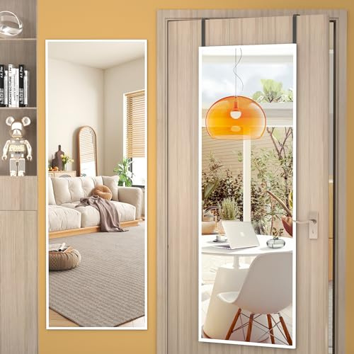 Hasipu Wandspiegel Metallrahmen, 130 x 40cm Spiegel Hartglas, Ganzkörperspiegel Wand- & Türmontage, Türspiegel mit Haken, Hängespiegel für Schlafzimmer Garderobe Eingang, Quadratisch Weiß