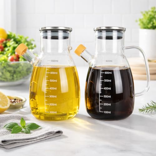 Eden & Willow Glass Olive Oil Bottle, Vinegar Cruet Bottle with Non-Drip Spout – Kitchen Cooking Oil Dispenser Drizzler with Stainless Steel Lid and Handle Set 2 (550ml)