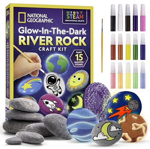 National Geographic Glow in The Dark Rock Painting Kit - Arts & Crafts Kit for Kids, Decorate 15 River Rocks with 15 Paints & Art Supplies, Kids Craft