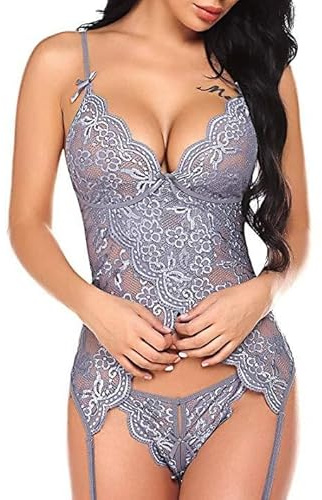 Satohom Set di lingerie da donna con giarrettiera in pizzo, body con scollo a V, spalline incrociate sulla schiena, biancheria intima da donna, reggiseno floreale e mutandine con reggicalze e calze,