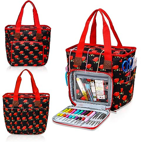 JOZEA Garnaufbewahrungstasche, Stricktasche, tragbare Aufbewahrungstasche für Garne, Tote-Großraum-Häkel-Organisator Häkelset, Häkelnadeln & -Haken, Garnkugeln, Projekt & Nähen（Seductive Roses）