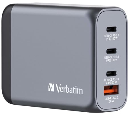 Verbatim GaN Charger 100 W, 4 Ports USB-C Ladegerät, Power Adapter mit 3 x USB-C und 1 x USB-A, Schnellladegerät als Mehrfachstecker, für Apple MacBook, Notebook, iPad, iPhone, Samsung und Co