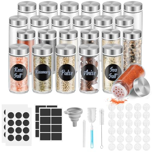 FRIBERG Barattoli per Spezie 120ml, Set Di 24 Rotondi in Vetro Con Coperchio in Acciaio Inox, Forniti Con Etichetta, Imbuto, Pennello per La Pulizia, Penna