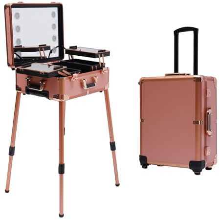 Kosmetikkoffer Trolley Schminkkoffer mit 4 Rollen & Beleuchtung & Spiegel,Make up Organizer Koffer 3 in 1 Profi Groß Schminkkoffer Friseurkoffer Beauty Case abschließbar Alu Multikoffer (Roségold)