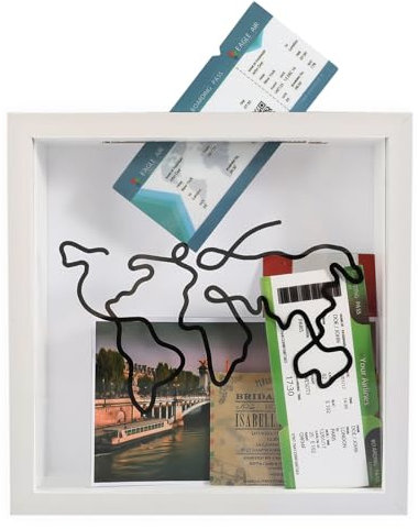 Caja de archivo de aventura, 20 x 20 cm, caja de recuerdos de viaje blanca, marco de madera, caja de viaje para billetes de viaje, caja de colección de viaje, caja de sombra de viaje con ranura para