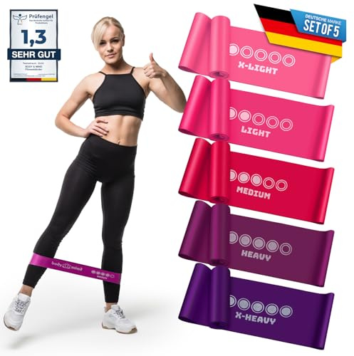 Body & Mind® fitnessband 5 st motståndsband i 5 nivåer, motståndsband träningsband gymnastikband set om 5 för muskeluppbyggnad, yoga, pilates & work-out; sportband 100% latex (Rosa)