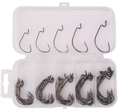 JUCHRZEY 50 Stück/Box Angelhaken-Set aus Hartstahl, Jig-Kurbel, Widerhaken, Barsch-Widerhaken, Karpfen-Angelhaken, Gummiköder, versetzte Angelhaken for weiche Wurm-Jig-Formhaken