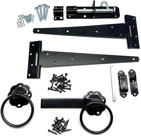 Black Heavy Duty Garden Gate Hinge Pack. 2X 12 Tee Hinges, Ring Latch, Padbolt & All Fixings. Hanging Kit for Garden Gates and Doors. Corrosion and Weather Resistant Hinge Set.